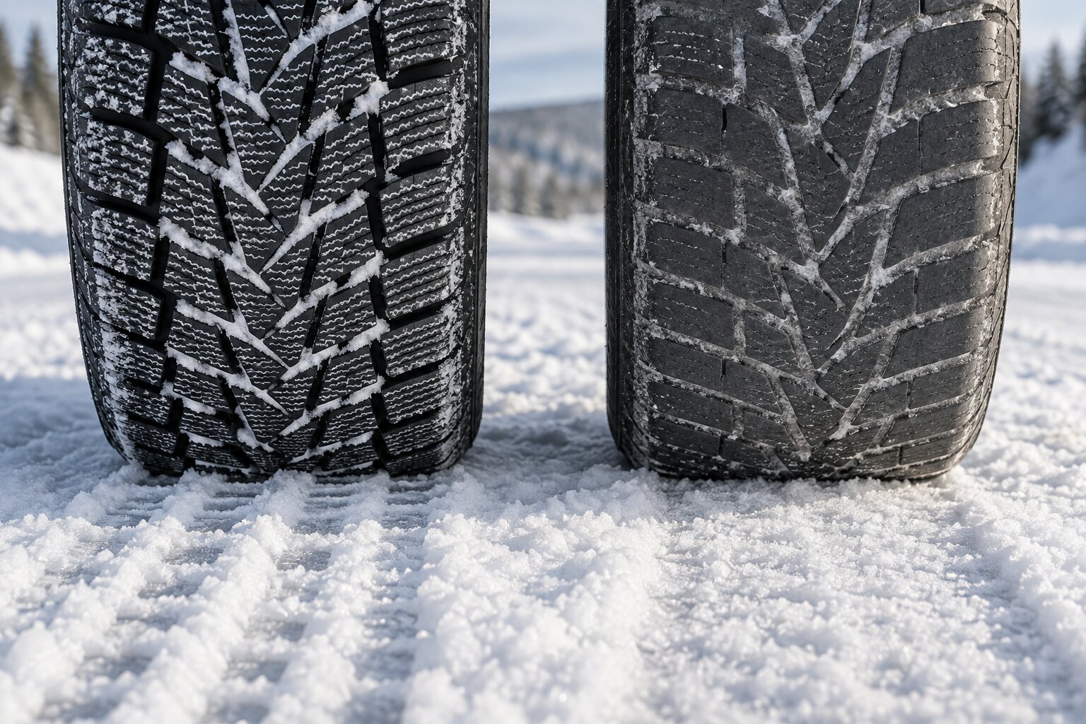 Tiefes Lamellenprofil und abgenutztes Profil von Winterreifen auf verdichtetem Schnee